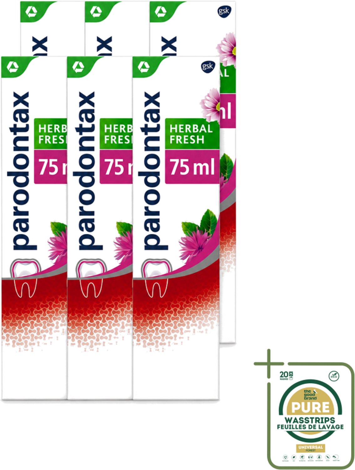 6 x Parodontax - Tandpasta - Herbal Fresh - Bergamot & Mint - 75ml - Wasstrips - Tandvleesgezondheid - Bloedend Tandvlees - Tandpasta - Kruidenextracten - Bergamot