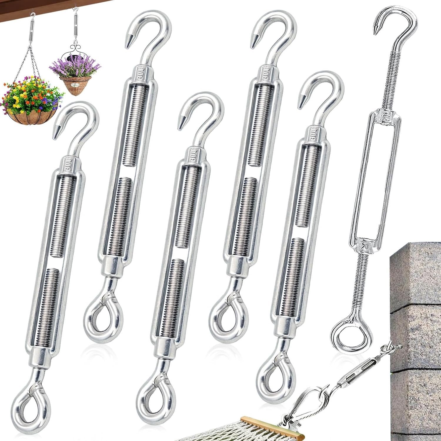 Set van 6 Turnbuckles voor Touwen, RVS 304 Spanners voor het Verstellen van Staal Kabels en Waslijnen, Ideaal voor Tuin en Klussen