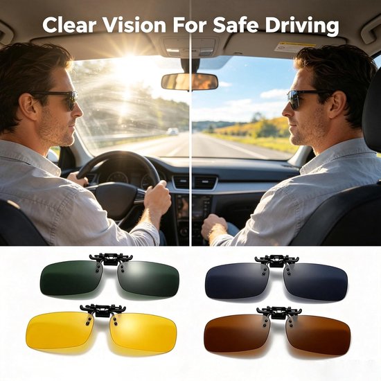 4 stuks clip-on zonnebrillen voor brillen op sterkte, gepolariseerde flip-up zonnebril UV400 anti-schittering rijbril voor mannen vrouwen, zwart frame grijze lens en gele lens voor autorijden — afbeelding 2
