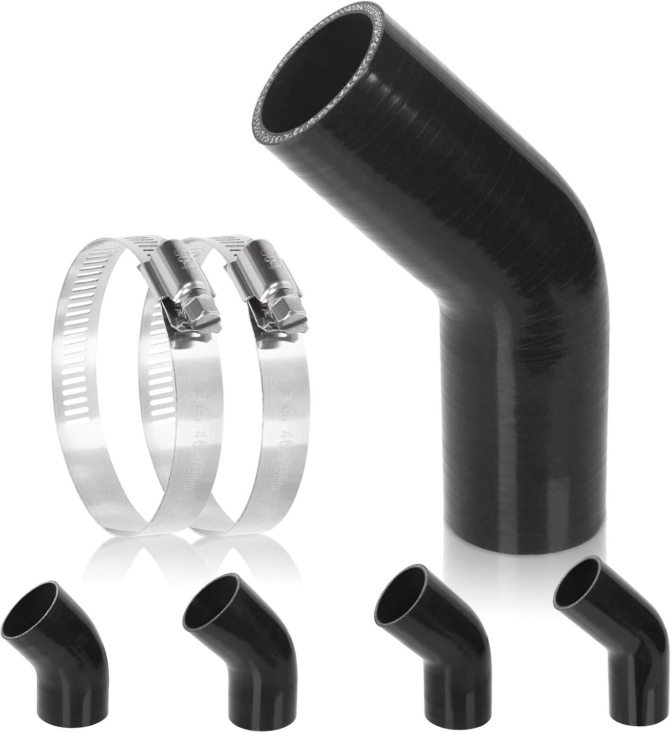 Hoekslang van siliconen 45 graden, 2 inch (51mm) ID, 8 inch (210mm) lang, versterkt met 4 lagen, inclusief 2 RVS T-boutklemmen voor optimale aansluiting en duurzaamheid