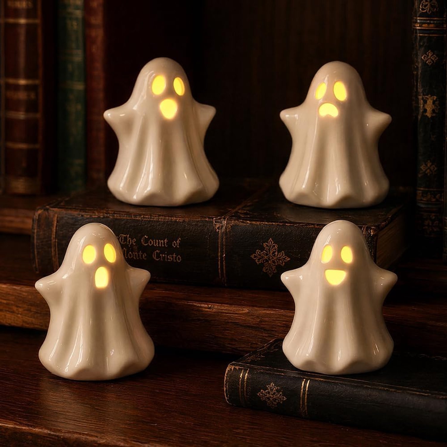 4 stuks Halloween decoratieve spookfiguren, Halloween spookfiguur met ledlicht, spookbeeld van keramiek om in het - ShopVlot