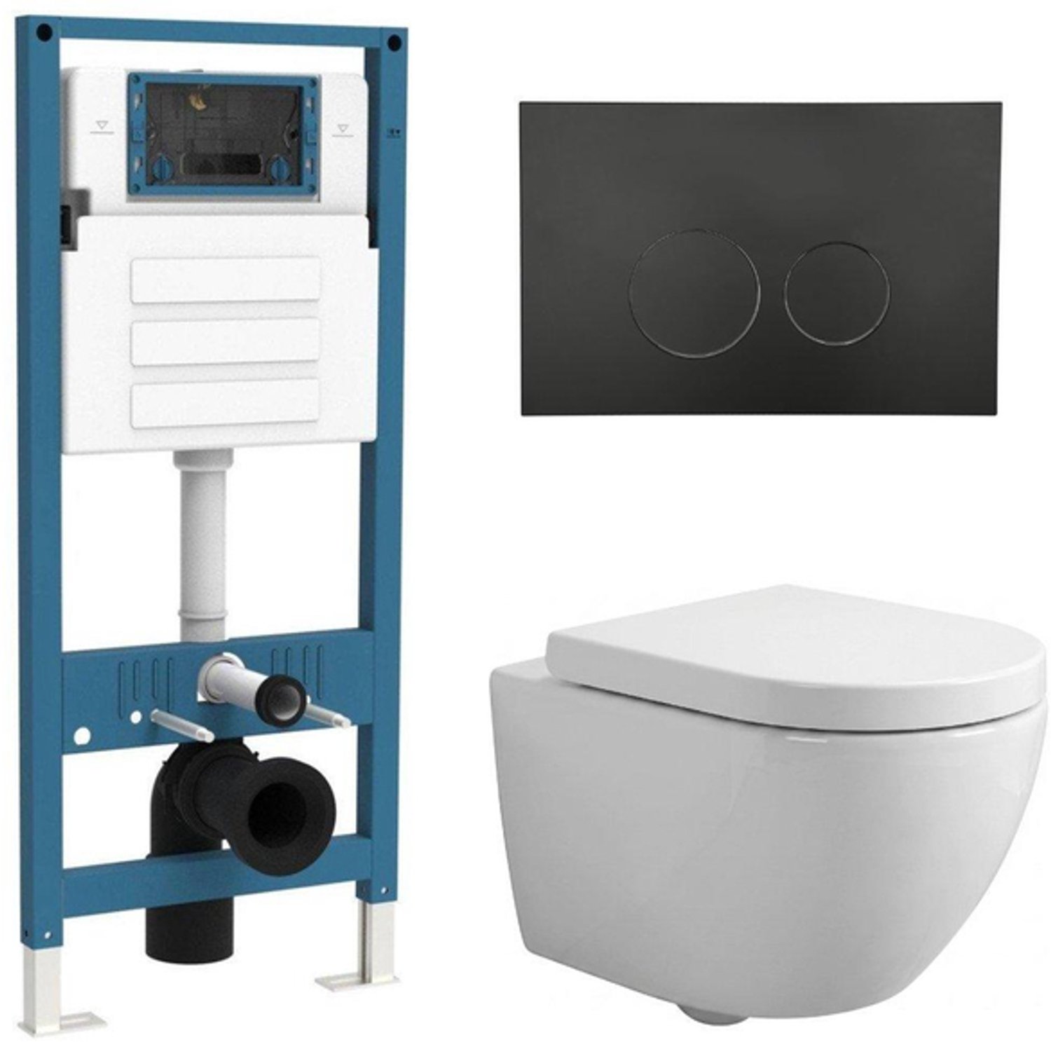 QeramiQ Dely Swirl Compact Toiletset - inbouwreservoir QeramiQ flush - 25mm zitting - kunststof bedieningsplaat mat zwart - ronde knoppen - glans wit
