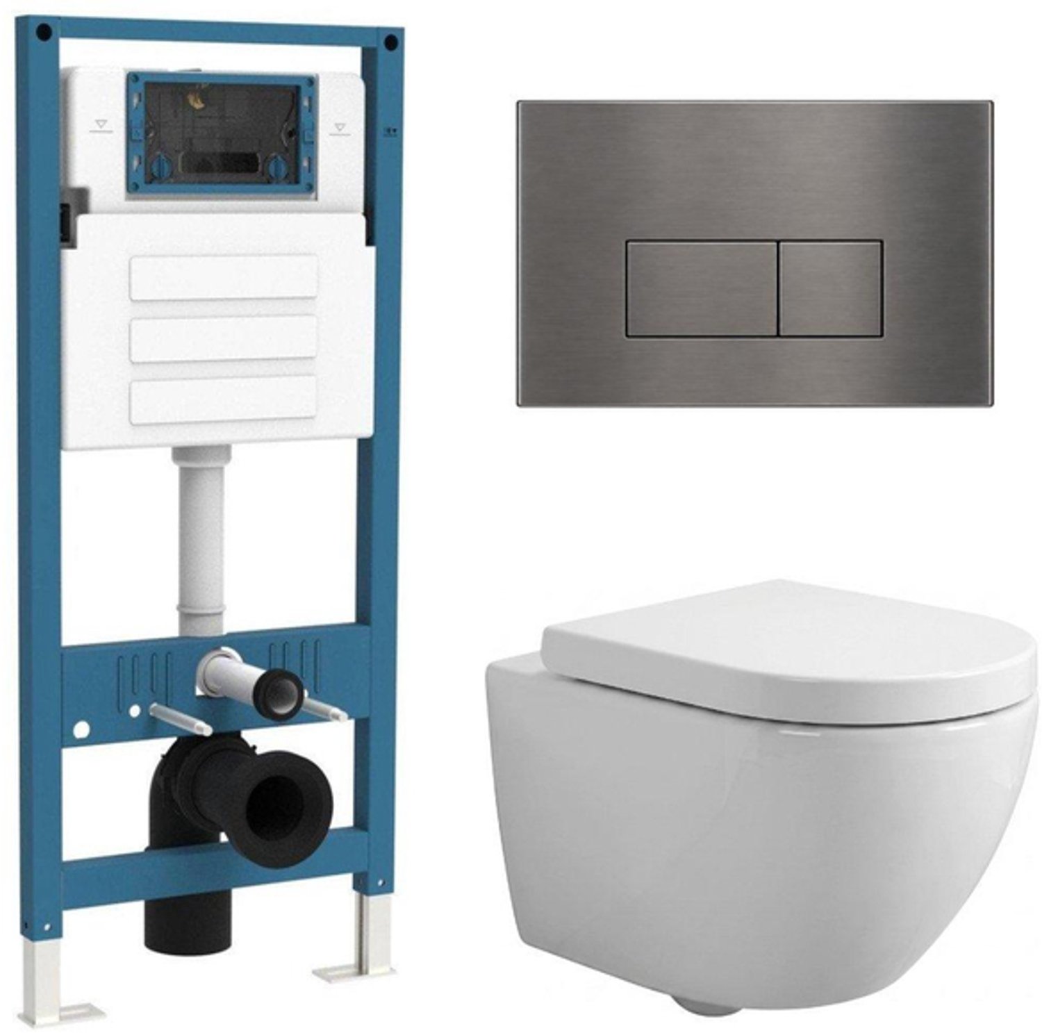 QeramiQ Dely Swirl Compact Toiletset - inbouwreservoir QeramiQ flush - 25mm zitting - metalen bedieningsplaat gunmetal - rechthoekige knoppen - glans wit