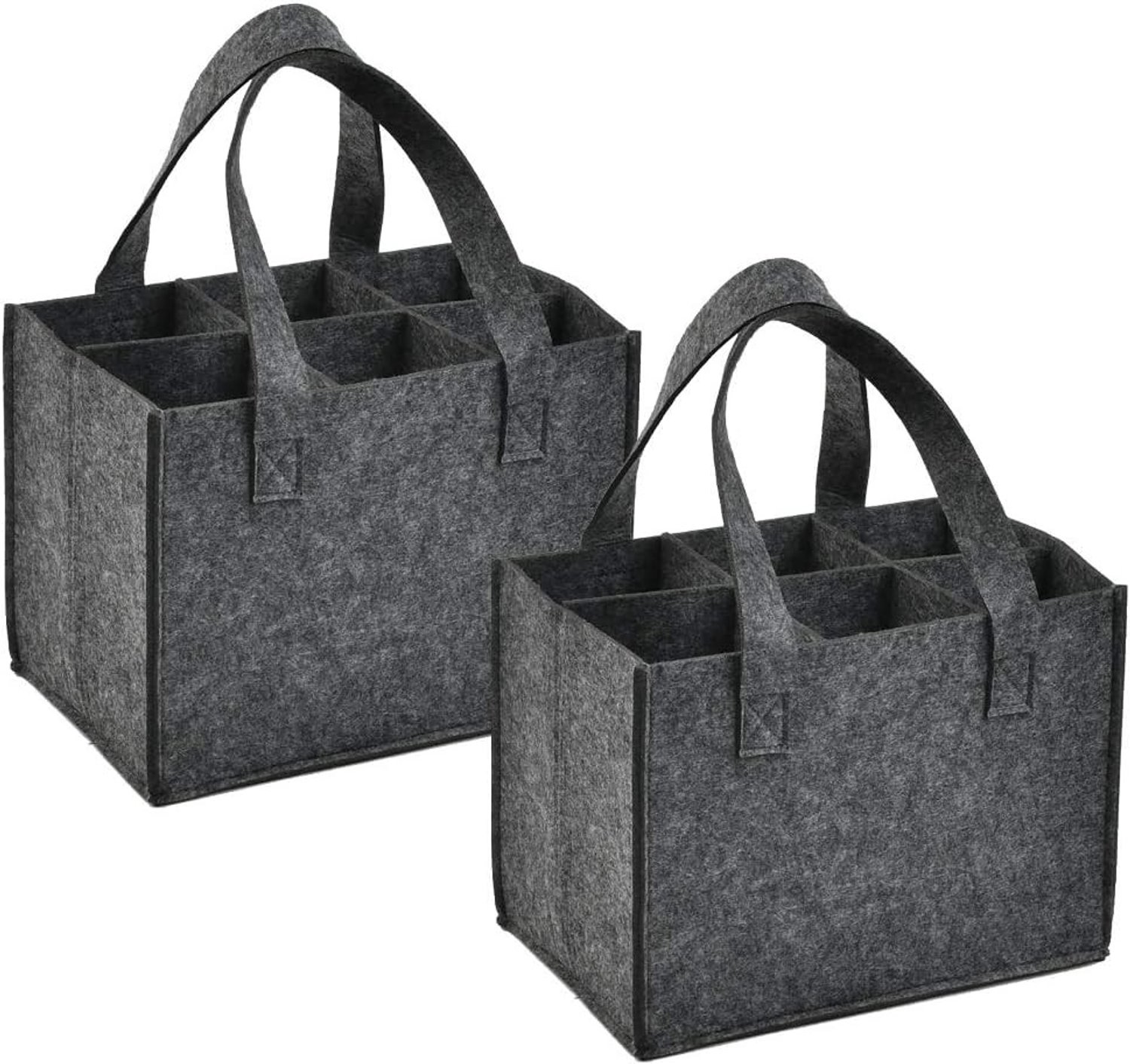 Set van 2 Dikke Vilt Wijnzakken met Handvat, Herbruikbare en Wasbare Opbergzak voor Wijnflessen, 6 Compartimenten, Donkergrijs, 24 x 16 x 16 cm