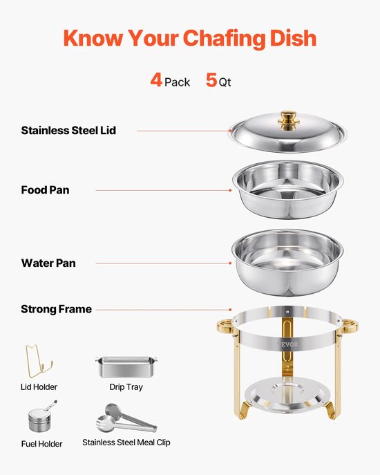 Vurnomi Ronde chafing dish - Buffetwarmer - Warmhoudbak - Chafing dish set - Buffetbak - Serveerschaal - Food warmer - 5 liter — afbeelding 2