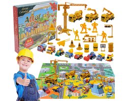 kerst adventskalender 2026 - bouwvoertuigen - 24 stuks - geel meerkleurig - legering materiaal - 6cm formaat - bouwautos speelset - graafmachine en kraan modellen - kerstcadeau voor kinderen - constructie speelgoed