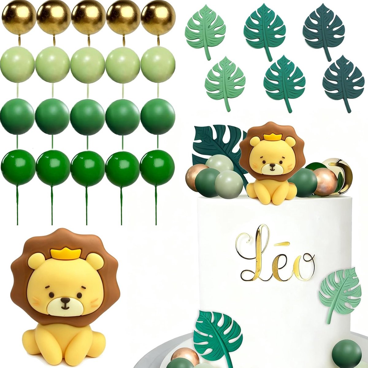 Set van 27 taartdecoraties met 6 monstera-bladeren, taartdecoratie voor kinderen voor een kinderverjaardagsfeest met een safari-dierenthema