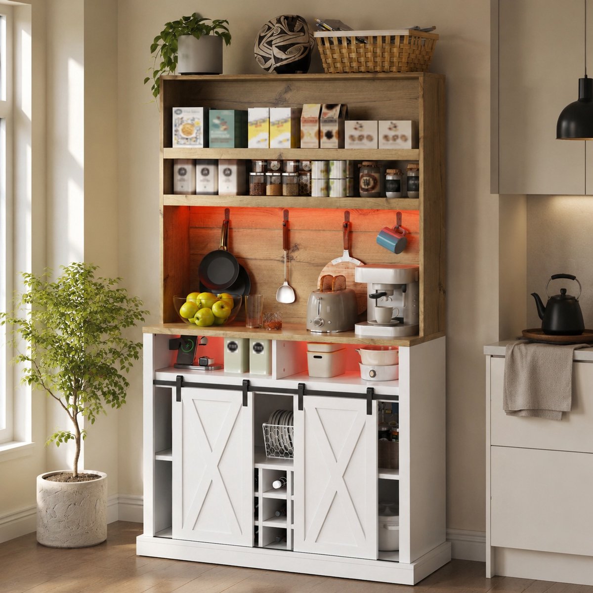 REDOM - Keukenkast - LED-verlichting - Stopcontacten en USB-aansluitingen - Open vakken met schuifdeuren haken en wijnrek - MDF - Naturel en Wit - 110 x 40 x 191 cm