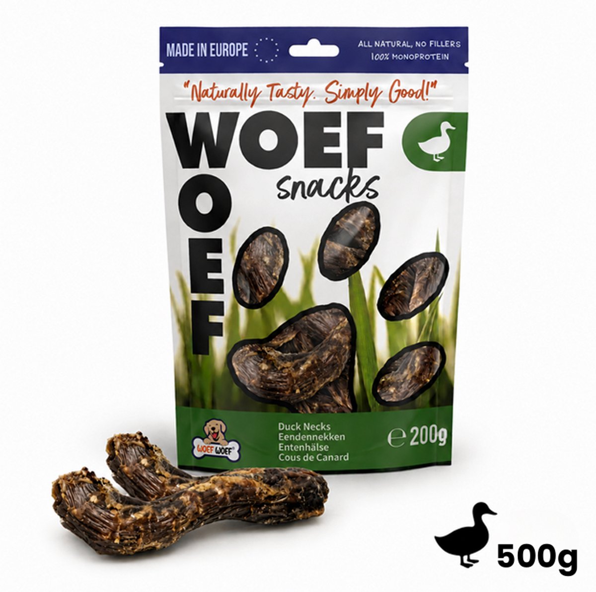 Woef Woef Hondensnacks Eendennekken 0.50 KG - Verwensnacks Hondensnoepjes - Gedroogd vlees - Eend - Vanaf 3 maanden - Geen toevoegingen