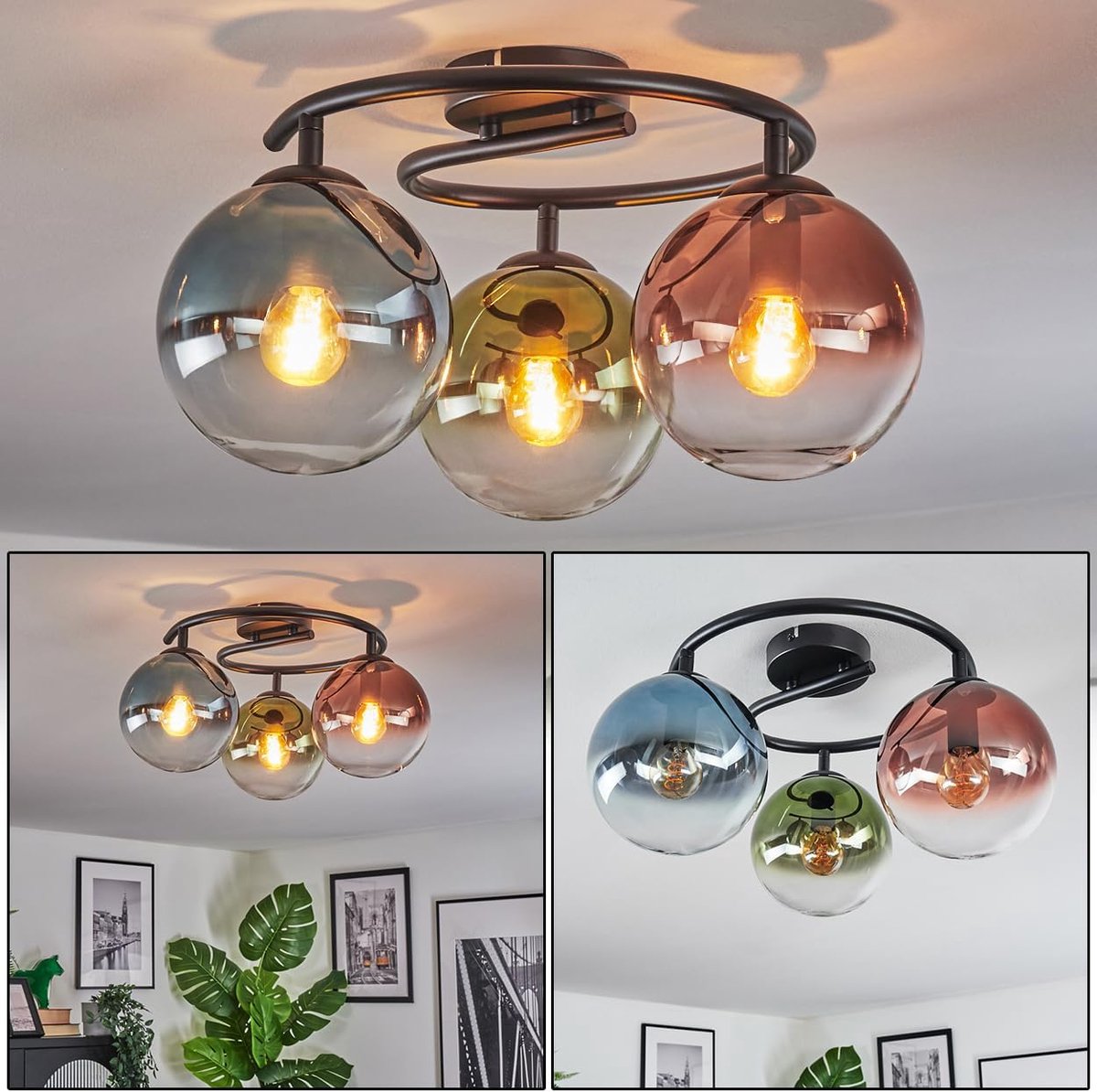 Plafondlamp, Kogellampje 37 cm Blauw, Groen, Duidelijk, Koperkleurig, 3-lichts