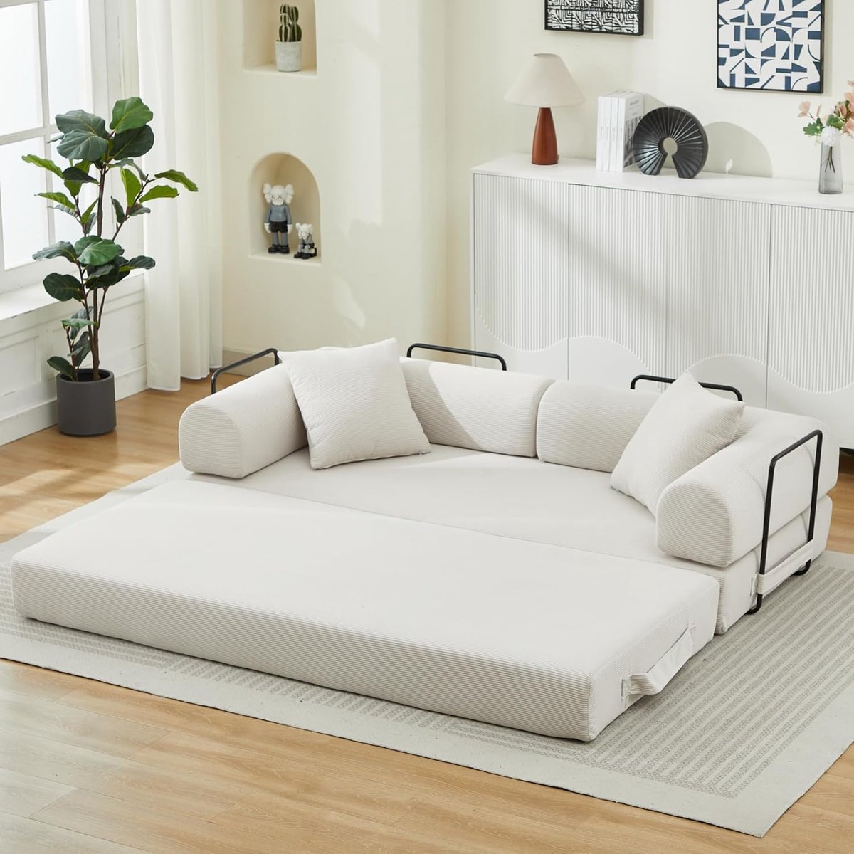 Slaapbank met schuimverenmatras, uitklapbare bank met 2 kussens, slaapbank voor kleine ruimtes, beige, 3-zits