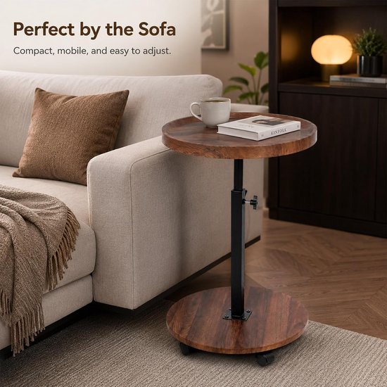 Bijzettafel, rond, met wieltjes, in hoogte verstelbaar (45-80 cm), ronde houten bijzettafels, 360° draaibaar, walnoothouten afwerking, kleine salontafel voor woonkamer, bank (walnoot) — afbeelding 2