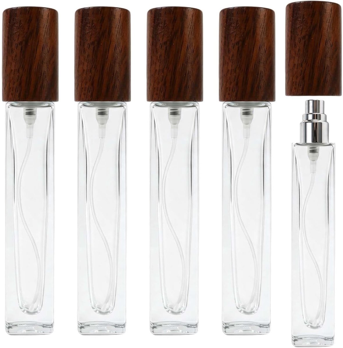 Parfumverstuiver 10 ml - 5 stuks glazen spuitflessen, navulbaar met walnootdeksel, lekvrije zakverstuiver voor onderweg, kleine parfumflessen om te vullen voor reizen en vakantie
