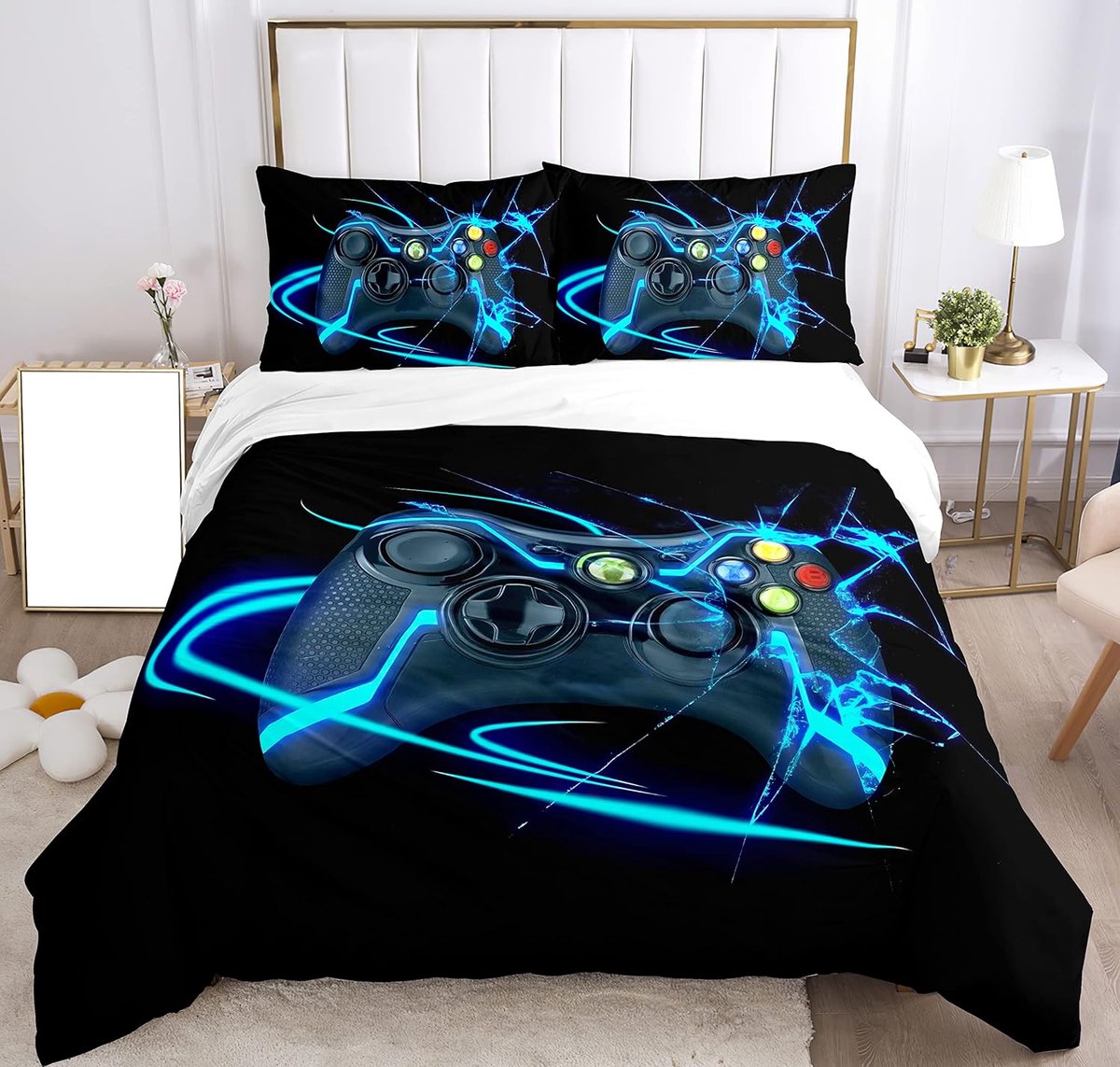 Beddengoedset voor Gamepad, beddengoedset, sprei en kussensloop van microvezel met beddengoedopdruk. (nieuw handvat, 200 x 200 cm)