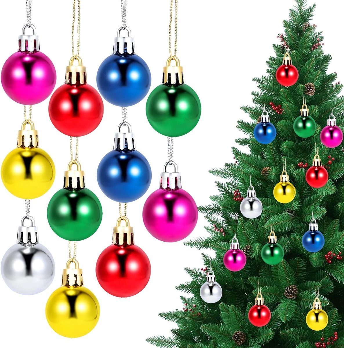 Kerstballen in kleuren, 3 cm, kleine kleurrijke kerstballen met draad voor kerstbomen, kransen en woondecoratie