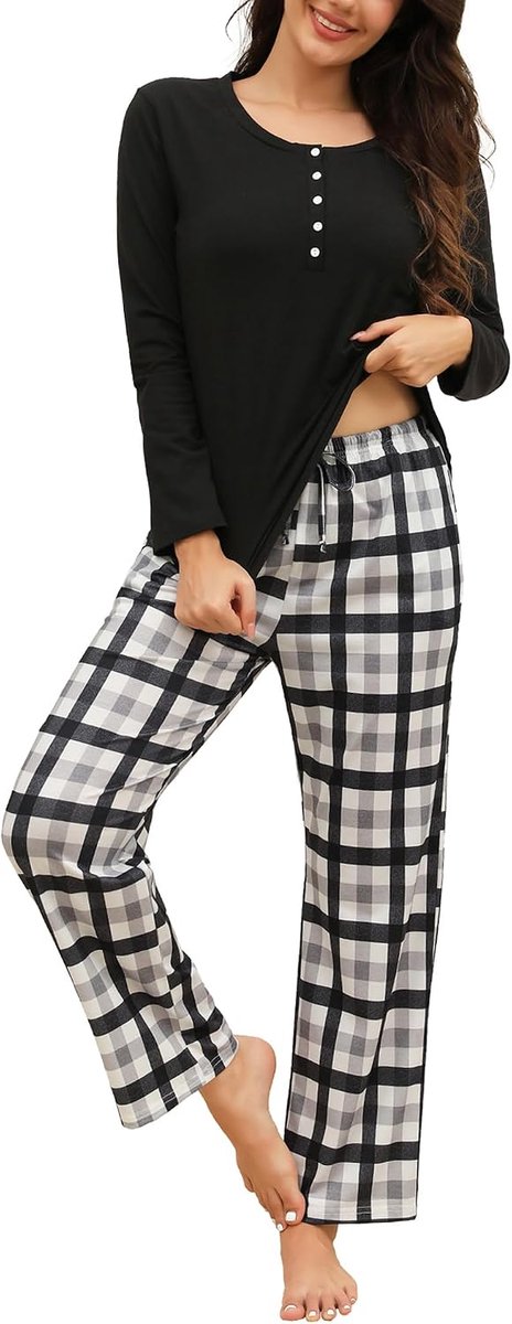 Winterpyjama voor dames, lange 2-delige nachtkleding, top met lange mouwen met knopen en geruite broek met zakken, zacht en comfortabel voor thuis, S-XXL