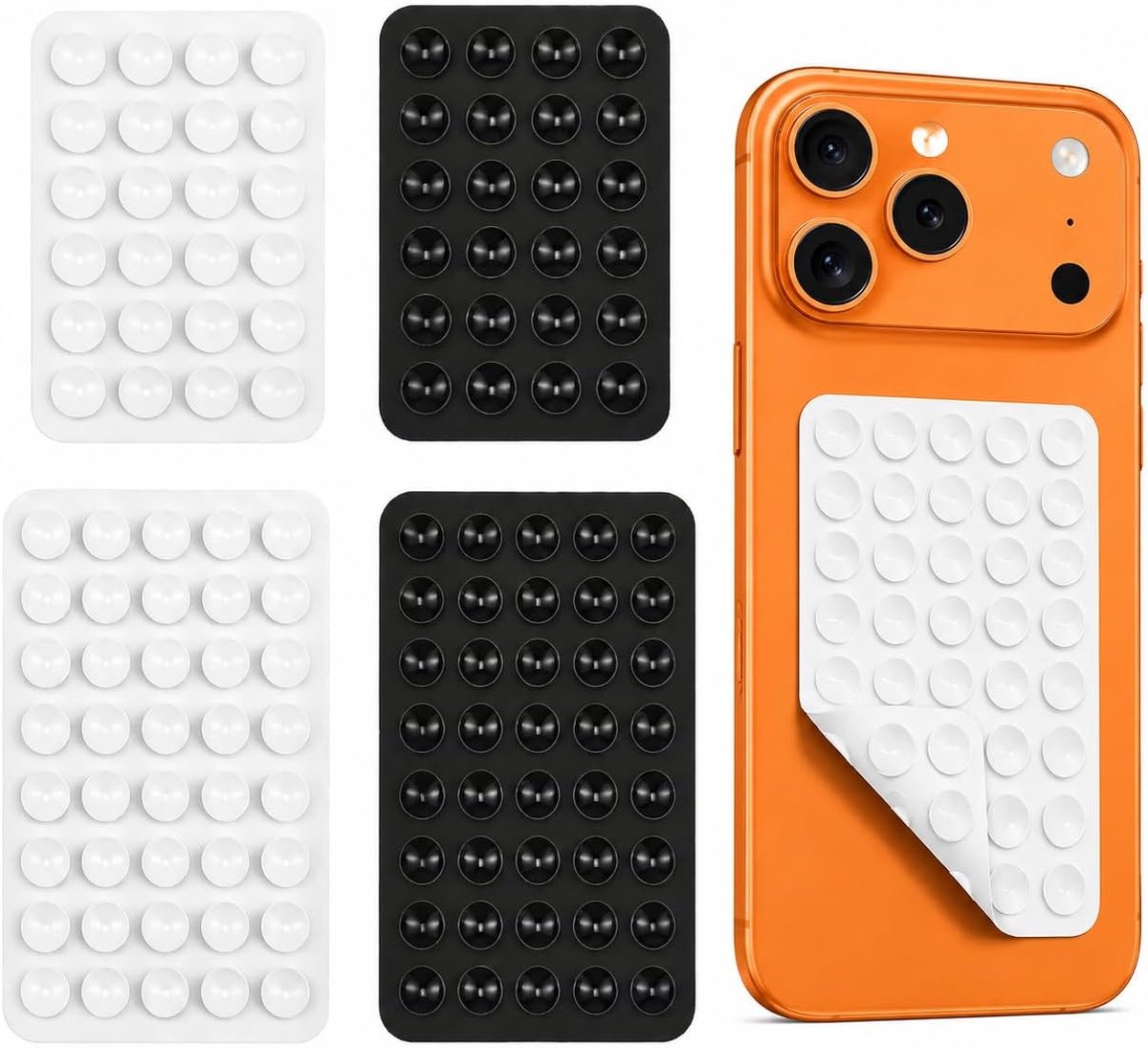 Zuignap voor telefoon, siliconen, dubbelzijdig, universeel, antislip, 4 stuks, draagbaar, zonder resten, 2 maten, 10 x 5,5 cm en 10 x 6,5 cm, voor selfie, video, conferentie, kantoor, reizen, zwart