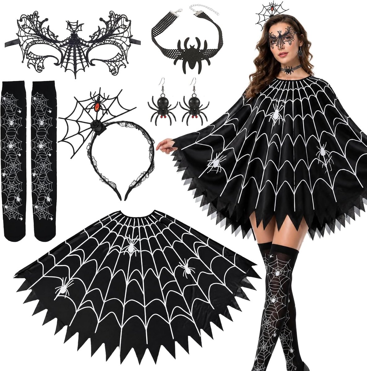 6 stuks spinnenkostuum dames, Halloween-kostuum dames, spinnenkostuum dames, spinnencape met masker, haarband, halskettingen, oorbellen, carnavalskostuums voor volwassenen, Halloween, carnaval