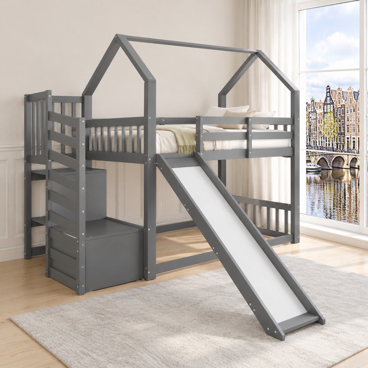 WUVRIE Stapelbed 90x200 cm met glijbaan, opbergtrap en uitvalbeveiliging, grijs