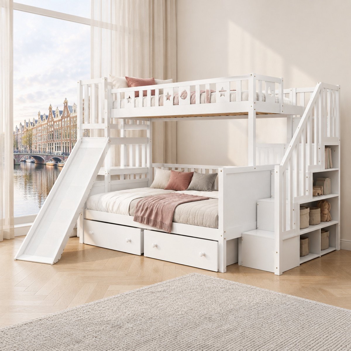 WUVRIE Stapelbed 90x200 en 140x200 cm met glijbaan, trap, opbergrekken, 2 lades en lattenbodems, wit