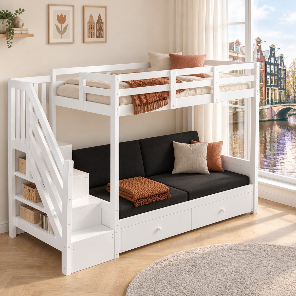 WUVRIE Kinderhoogslaper 90x200 cm met trapkast, 2 lades, verstelbare slaapbank en lattenbodem, wit