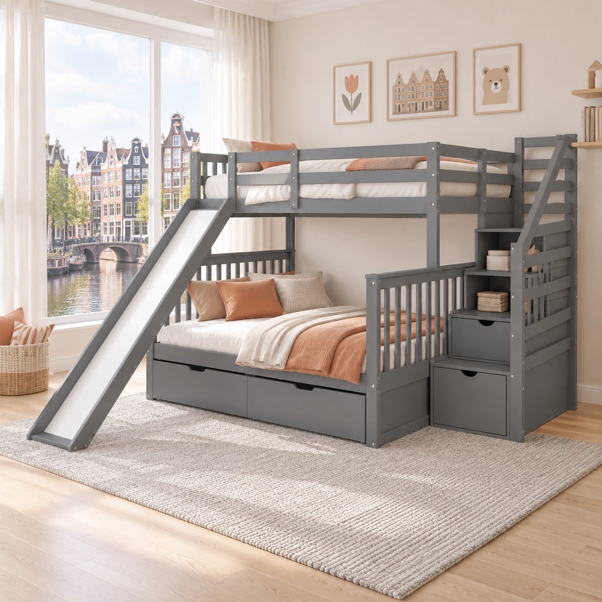 WUVRIE Stapelbed 90x200 en 140x200 cm met glijbaan, trap, lades en uitvalbeveiliging, grijs