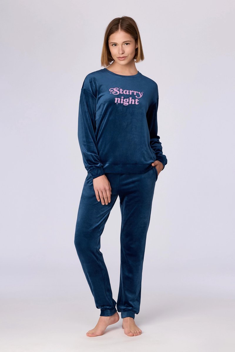 Woody Meisjes-Dames pyjama donkerblauw - maat L