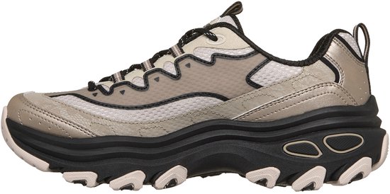Zijzicht van een taupe en beige sneaker met zwarte zool en veters.