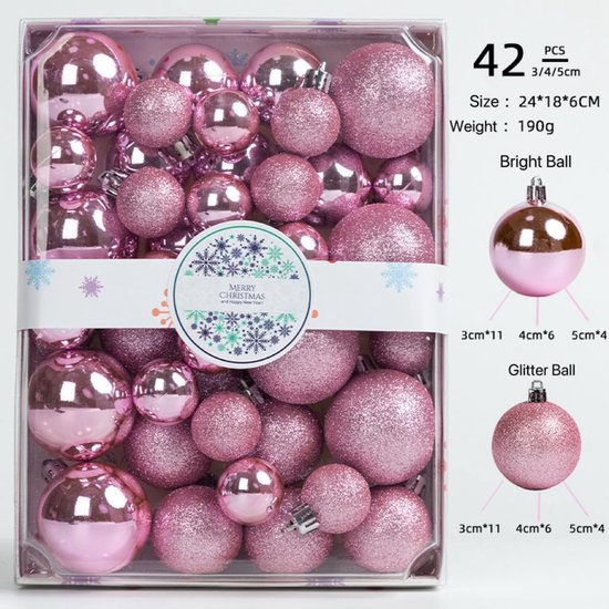 42 stuks kerstballen - meerdere maten verschijningen - 3 cm - 4 cm - 5 cm - glanzende bal en glitterbal zijn geschikt voor vakantieboomdecoratie - kerstfeestdecoratie en huisdecoratie - roze