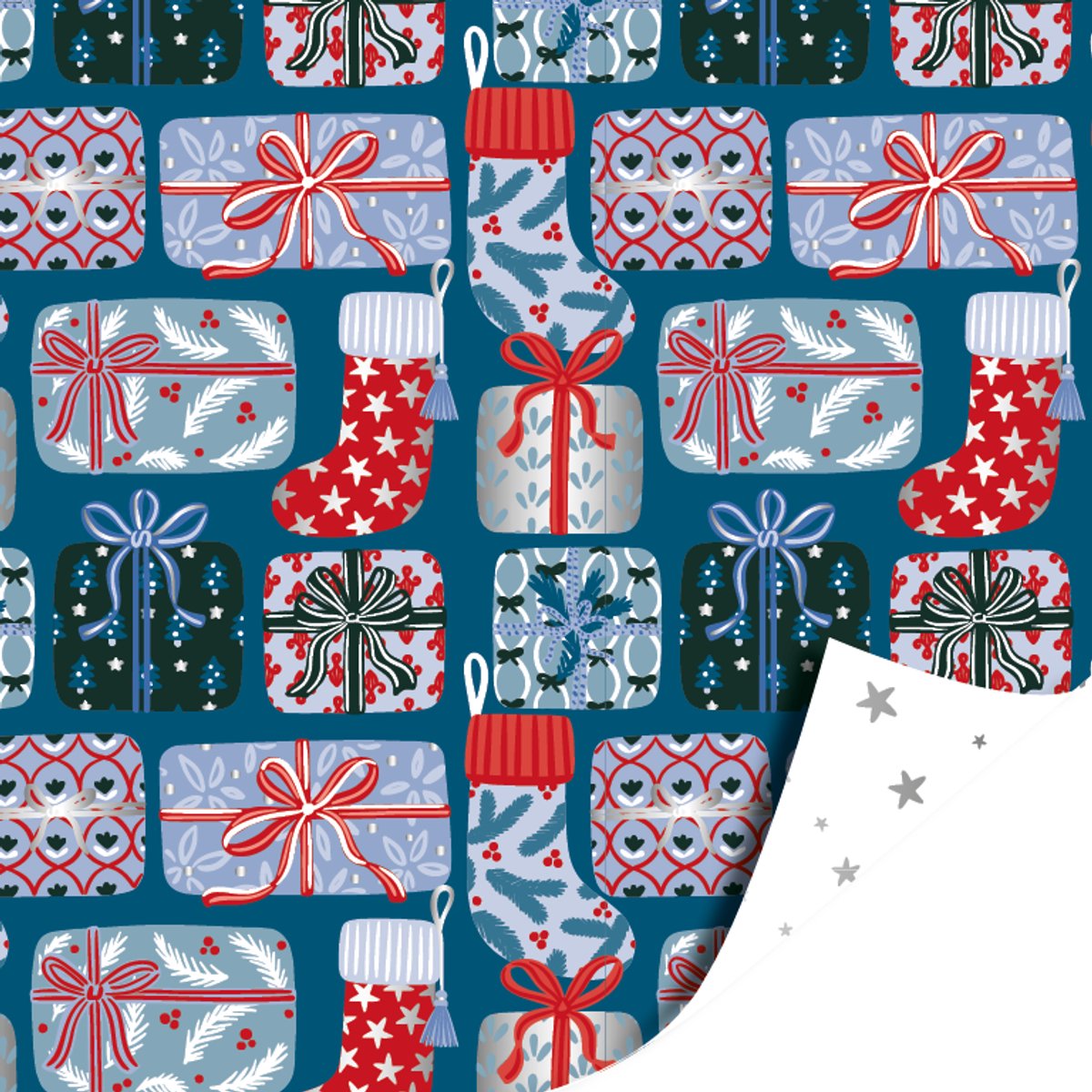 Het Inpakhuis - Cadeaupapier - Inpakpapier - Kadopapier - Kerst - Xmas Gifts Blue Silver - Little Stars White Silver - 70cm x 2mtr
