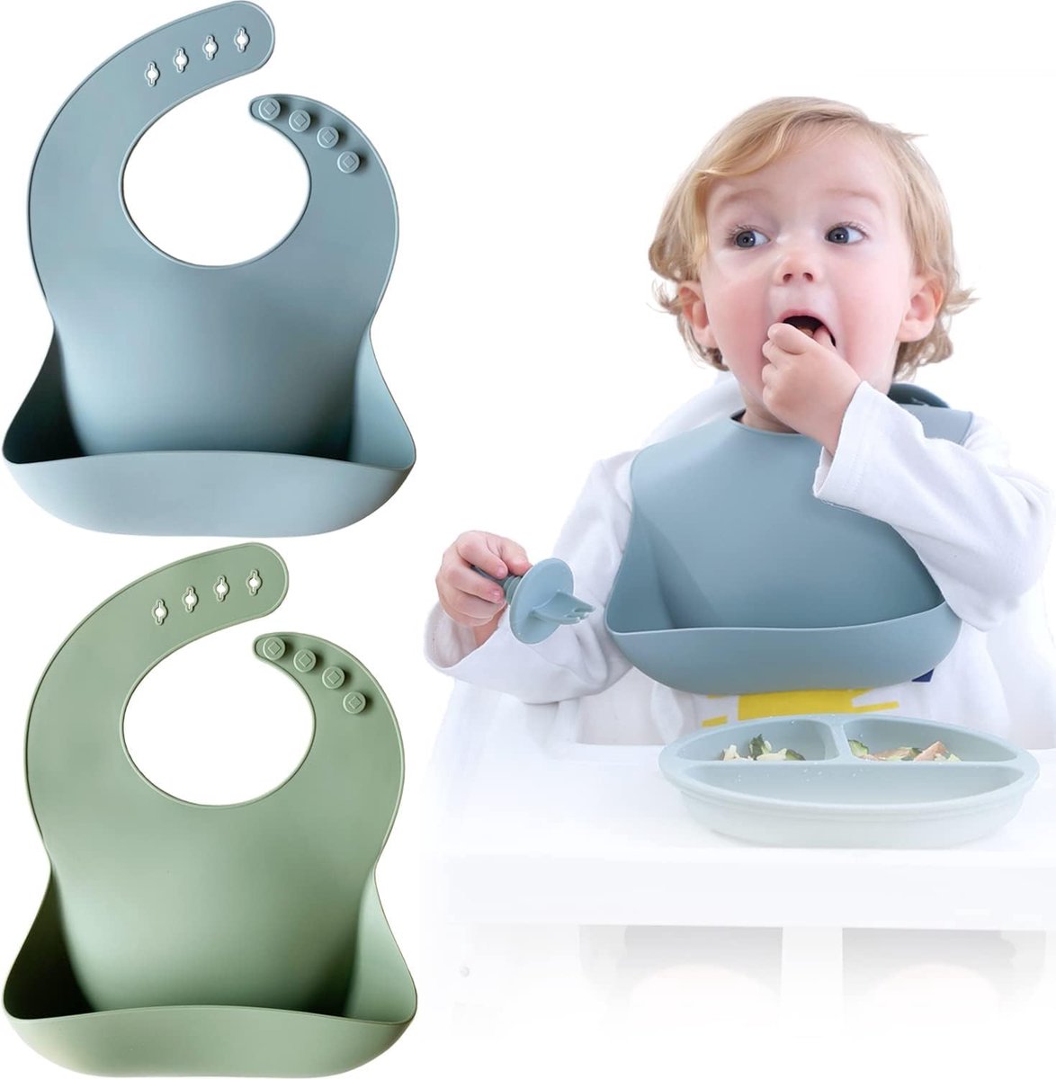 Siliconen Baby Slabbetjes, 2-Pak Baby Voedingsslabbetjes, BPA Vrij, Zacht en Comfortabel, Aanpasbare Maat, Baby en Kinderen Slabbetjes(Lichtblauw/Grijsgroen)