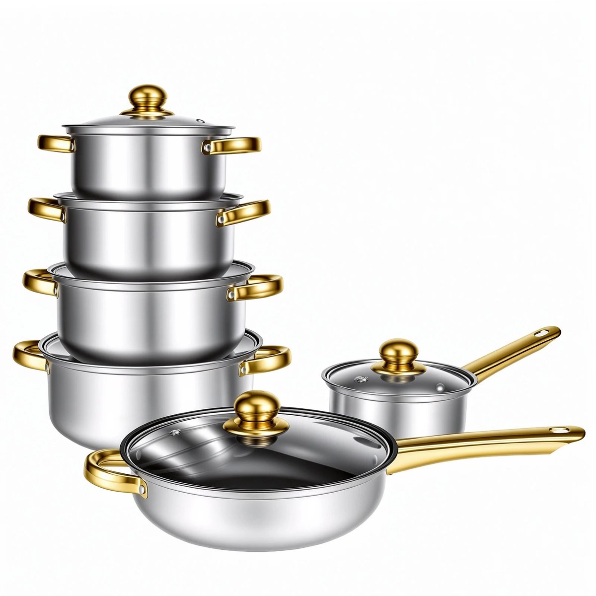 Chelsey-Store 6 Delig Pannenset - RVS - Anti-aanbakpan Koekenpan Soeppan Steelpan - Duurzame keukenpannenset Inductie compatibel