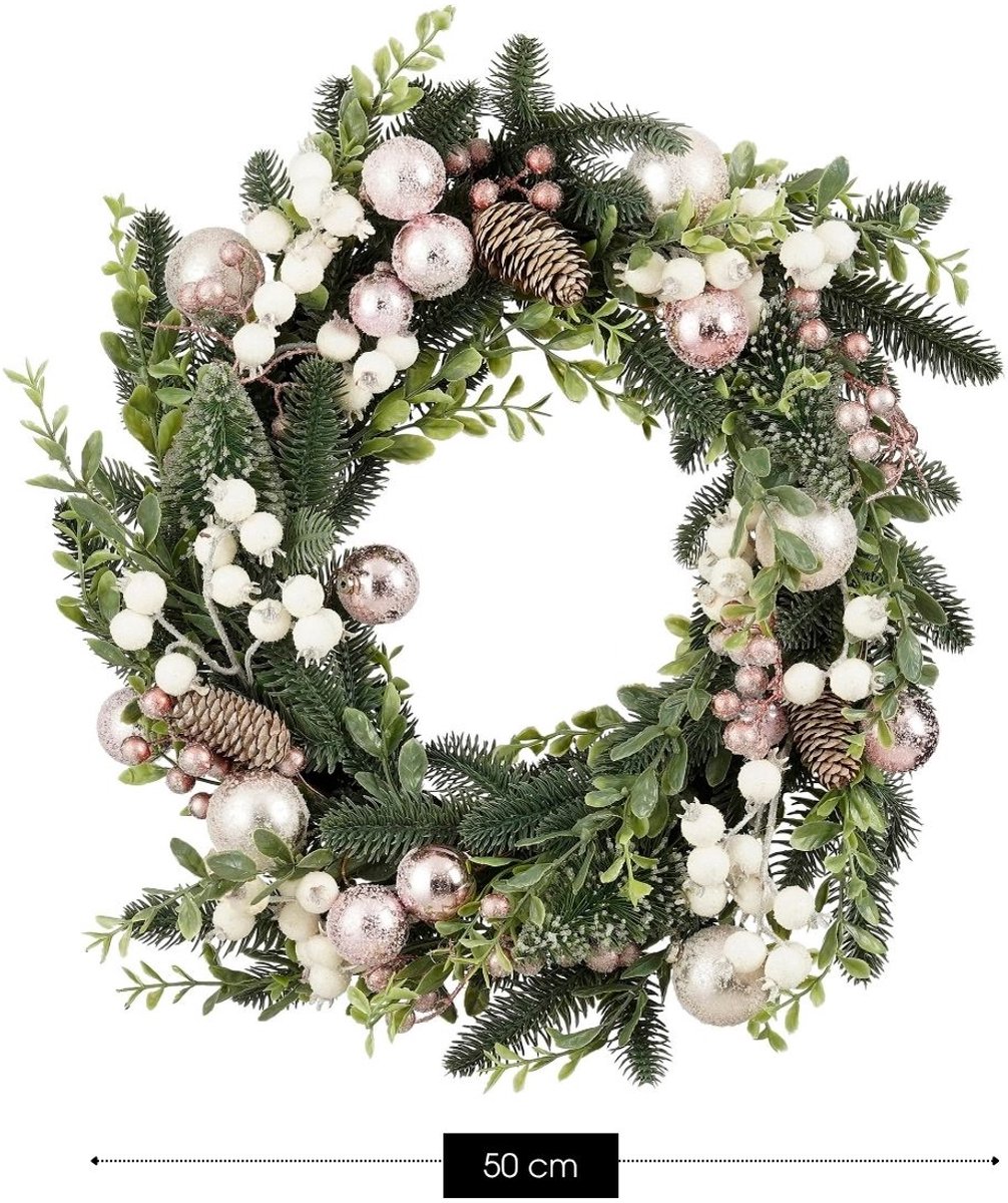Mica Decorations Rosalie Kerstkrans Roze met Groene Dennentakken - Kerstkrans met Roze en Witte Kerstballen - Decoratieve Krans voor Deur, Muur of Tafel - H11 x Ø50 cm – foto 3