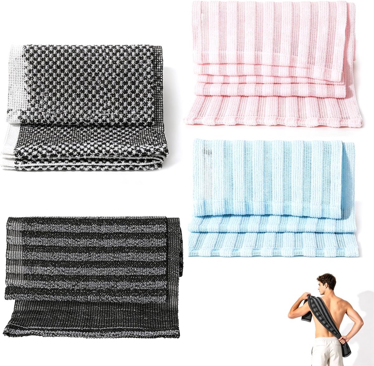 4 stuks Japanse exfoliërende washandjes voor dieptereiniging, extra lange exfoliërende douchehanddoek, body back scrubber, washandjes voor mannen en vrouwen, voor reiniging en plezier