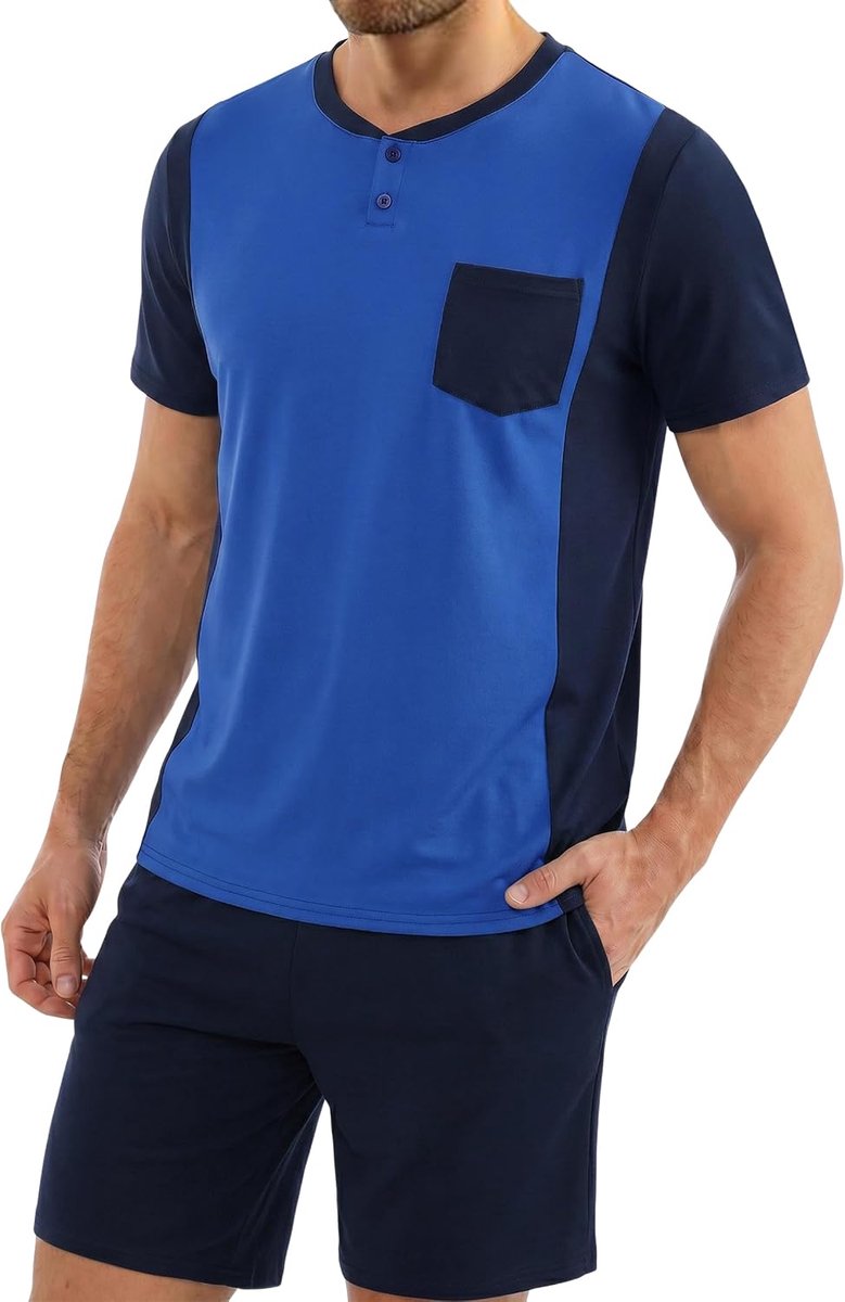 Pyjama voor heren, ronde hals, knoop, zomerpyjama voor heren, korte pyjama voor heren, Blauw-2, 2XL
