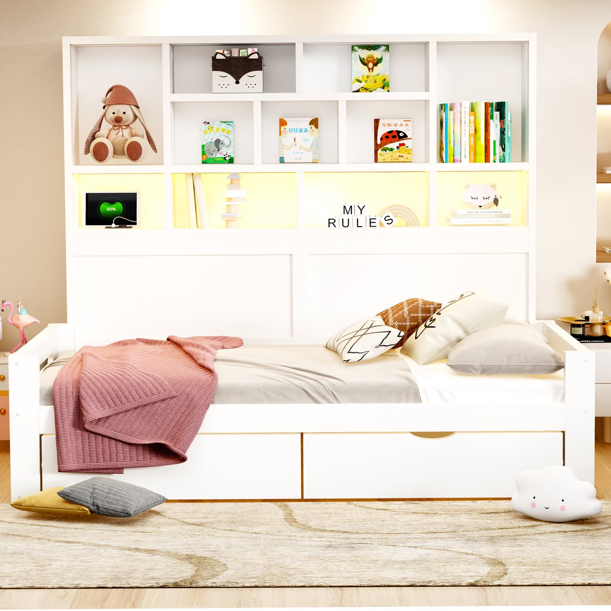 VVBV Slaapbank 1 Persoons 90x200 – Bedbank van MDF met Opbergruimte, Lades, Opbergvakken, Opberghoofdbord, LED-Verlichting en Stopcontact – Wit