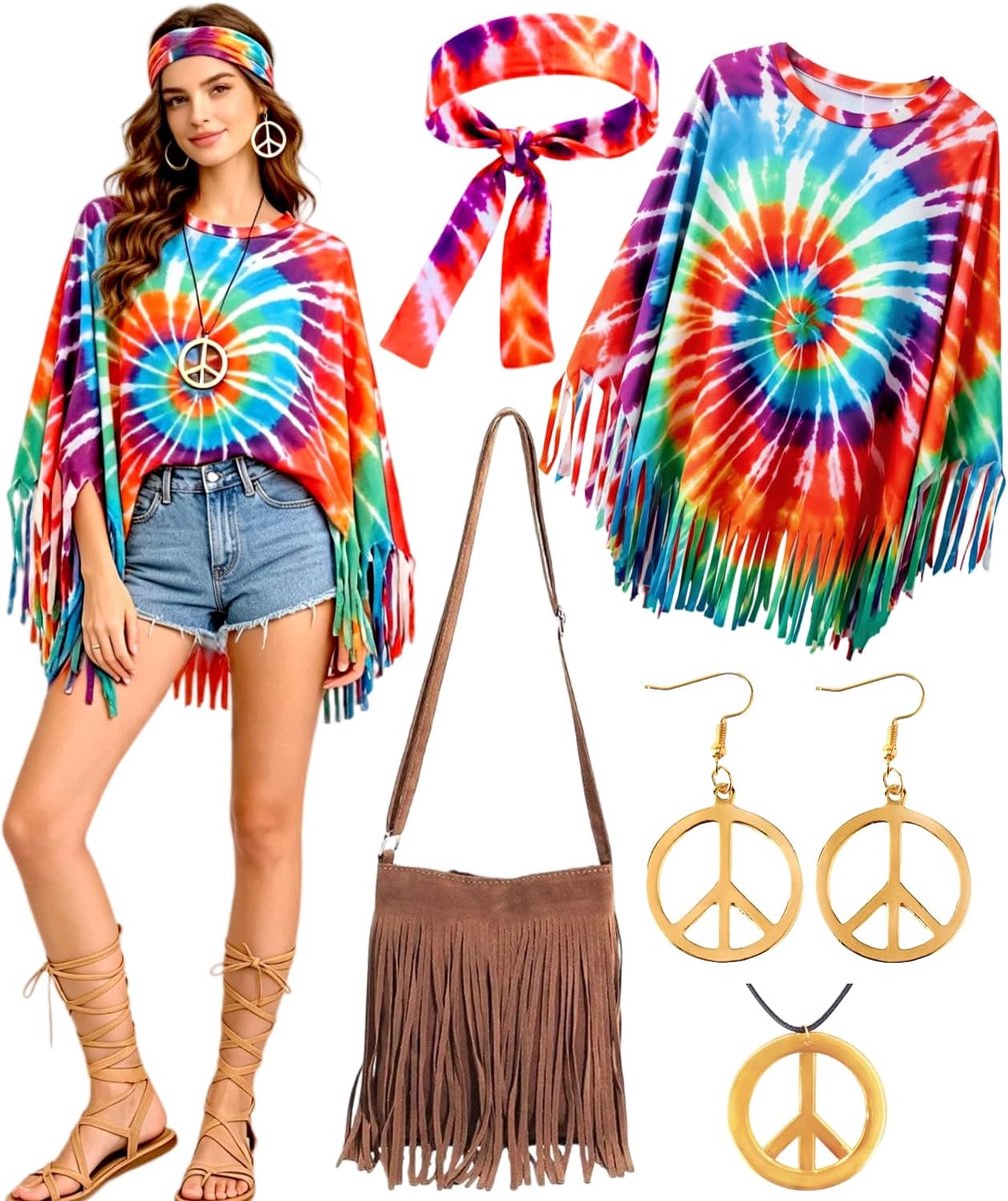 Kasahara Hippiekostuum voor dames, jaren '70-outfit voor dames, slagermove-outfit, hippie-poncho, carnavalskostuums voor carnaval, themafeest, Halloween (L/XL/2XL, 80 geschikt voor L/XL/2XL)