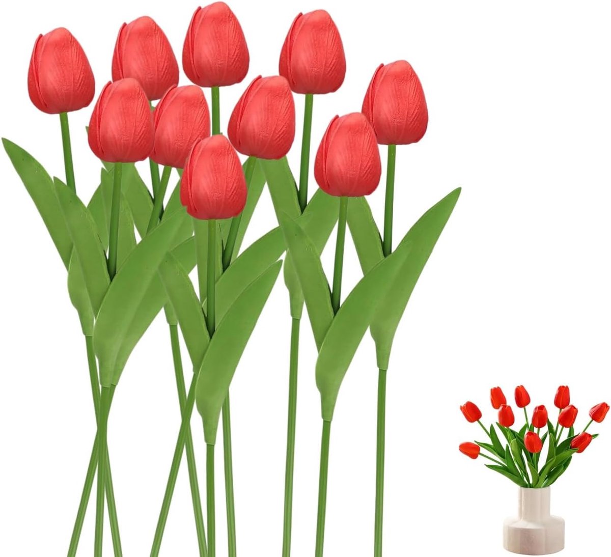 Set van 10 rode kunstmatige tulpen, echte aanraking, latex neptulpen, bloemen, bruiloftsboeket, tuin, tafel, vaas, decoratie, voor Moederdag, Pasen, cadeau voor vrouwen