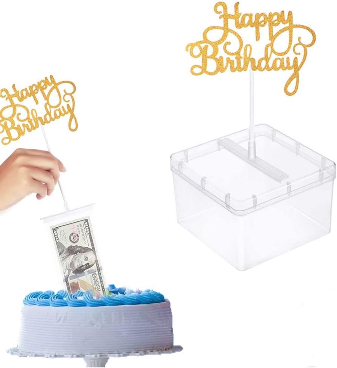 Taarten spaarpot, geldtrekken, taartvorm, geldtaartdispenser, cakegeldset met Happy Birthday taarttopper, taarttopper, ATM spaarpot voor verjaardag, afstudeerfeest, taartdecoratie