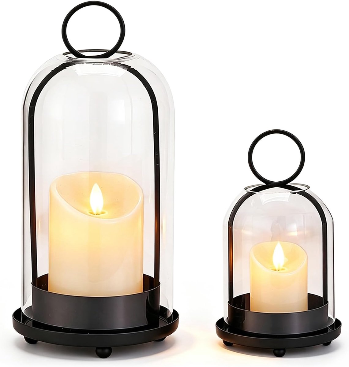 Zwart, woonkamerdecoratie, set van 2 windlichten, glazen kandelaars, decoratie, windlichten, kandelaar, metalen kandelaar met glazen cilinder, voor woonkamer, tafel, slaapkamer