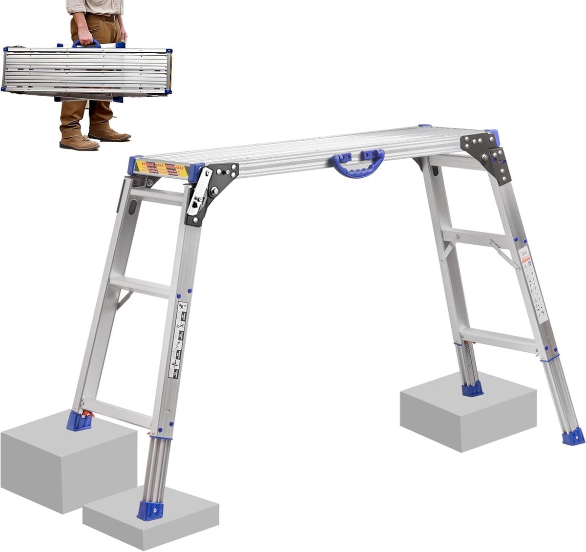 100 x 30 cm, 2-traps werkplatform inklapbaar met antislip rubberen mat, alle poten in hoogte verstelbaar van 65 tot 90 cm, draagkracht 150 kg