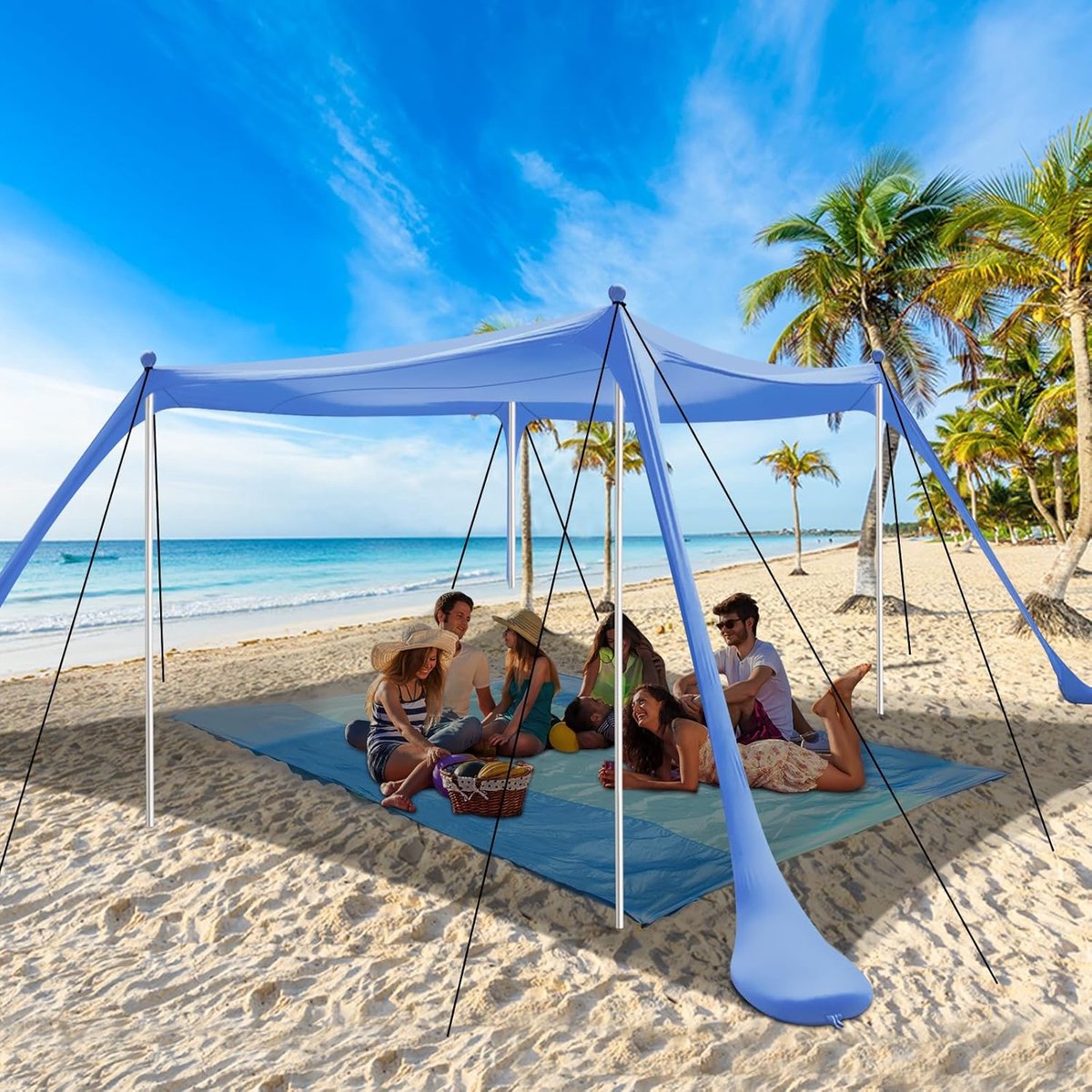 SnelShoppen - Strandtent 3x3 m met SPF 50+, Zandschep, Haringen en Stabiliteitsstangen, Wind- en Zonnebescherming voor Buiten, Camping, Vissen, Tuin e