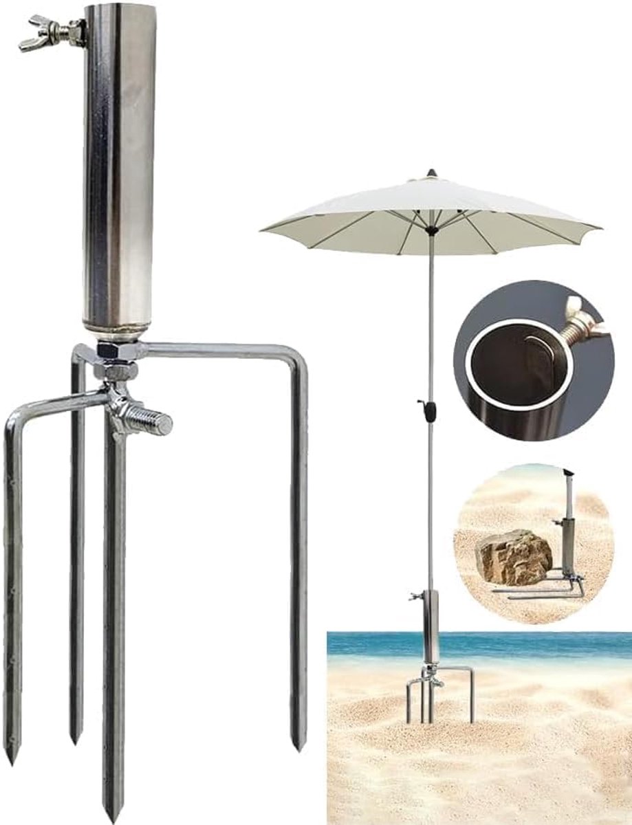 SnelShoppen - Parasolstandaard 36 mm - Afneembare Roestvrij Stalen Parasolhouder met Grondspies - Stabiele 4-Poten voor Strand, Tuin, Camping en Visse