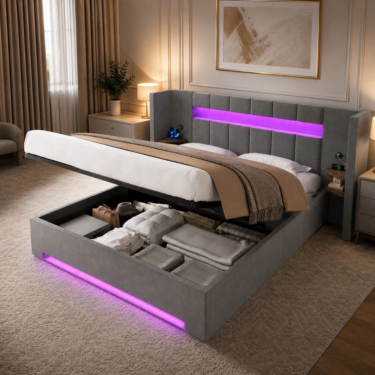 WUVRIE Tweepersoonsbed 180x200 cm met hydraulische opbergruimte, LED en 2 USB-poorten, donkergrijs