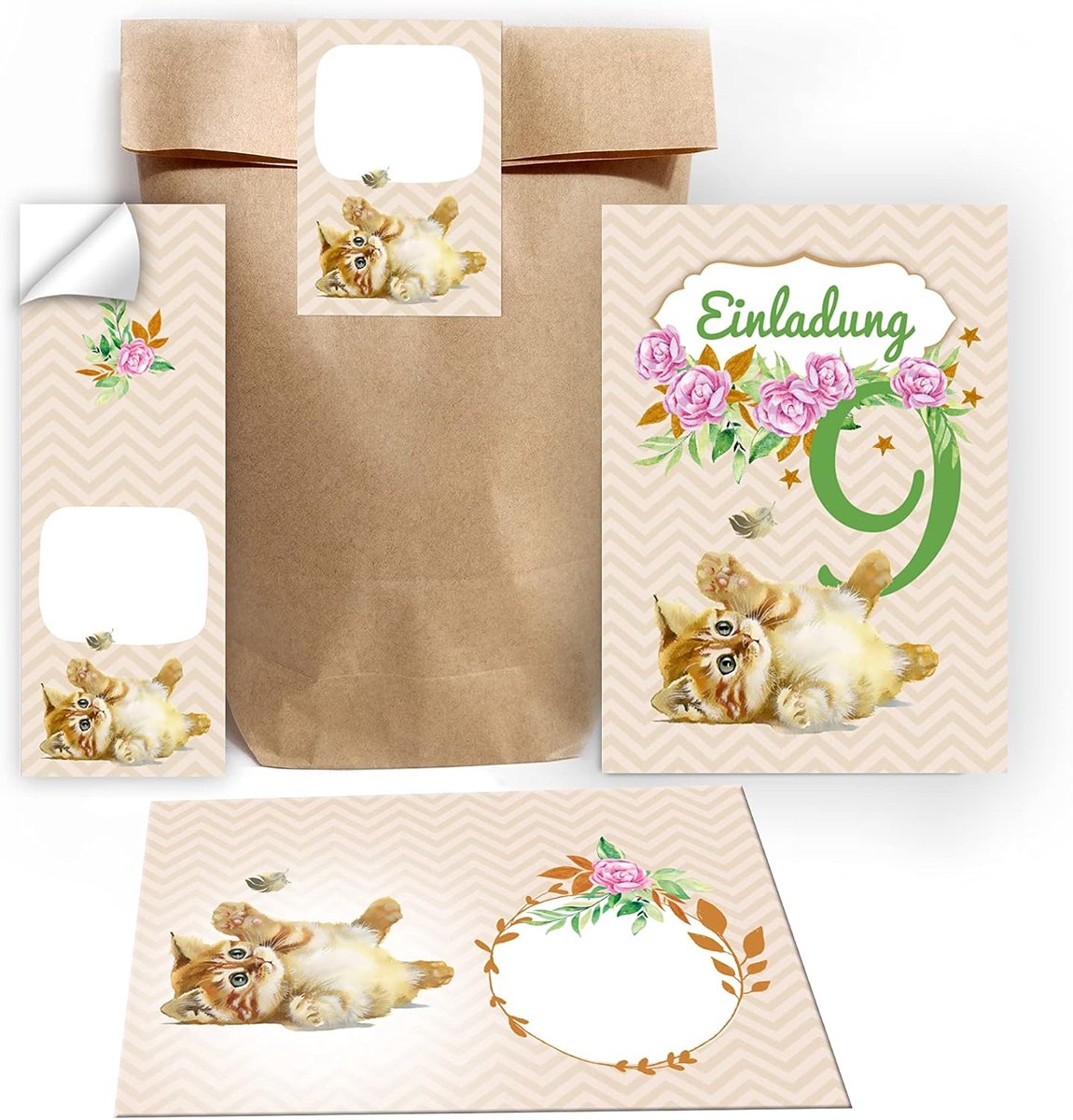 uitnodigingskaarten 9e verjaardag - kat thema - inclusief enveloppen en stickers - perfect voor feest - ShopVlot