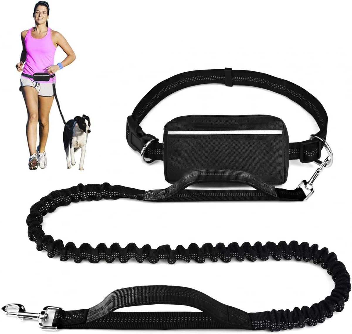 Hondenriem schokabsorberend - heupriem met reflecterende naden - dubbele handgreep - handsfree hardlopen - ShopVlot