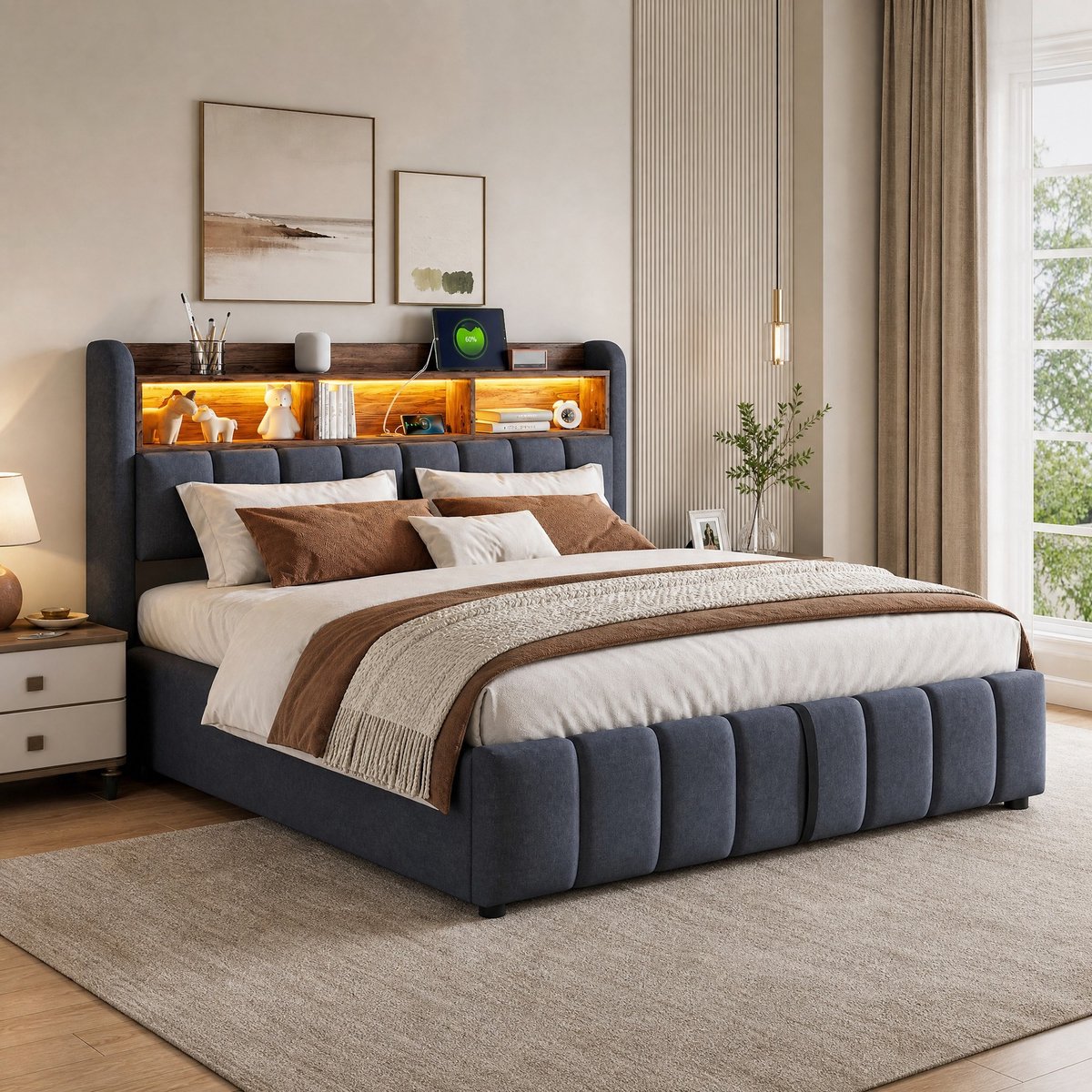 WUVRIE Gestoffeerd bed 180x200 cm met LED, USB-C, hoofdbordvakken en hydraulische opbergruimte, grijs