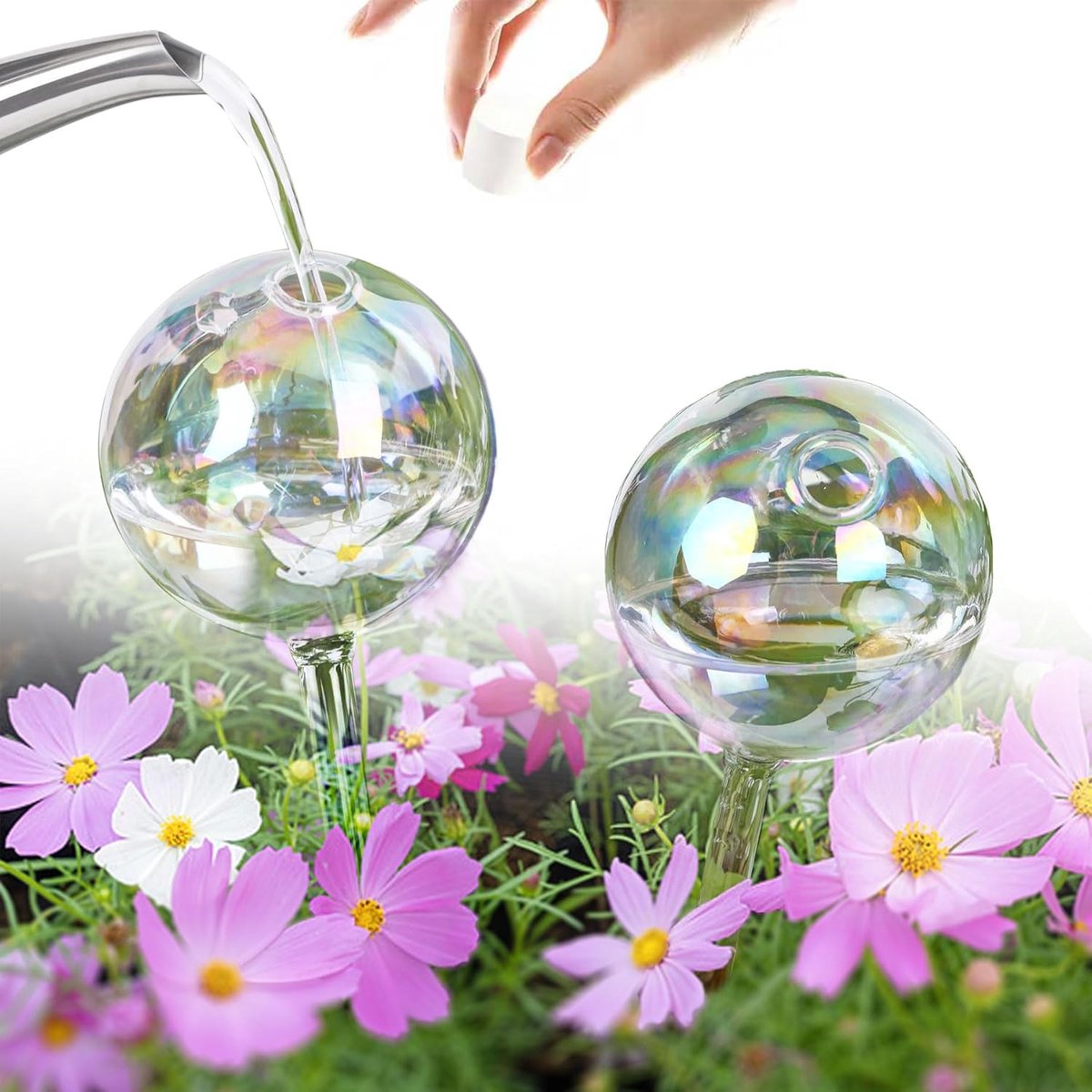 SnelShoppen - Automatisch Bewateringssysteem met Glazen Irrigatieballonnen voor Binnenplanten, Potplanten en Tuin, 2 stuks, Iriserende Bubbels, Decora
