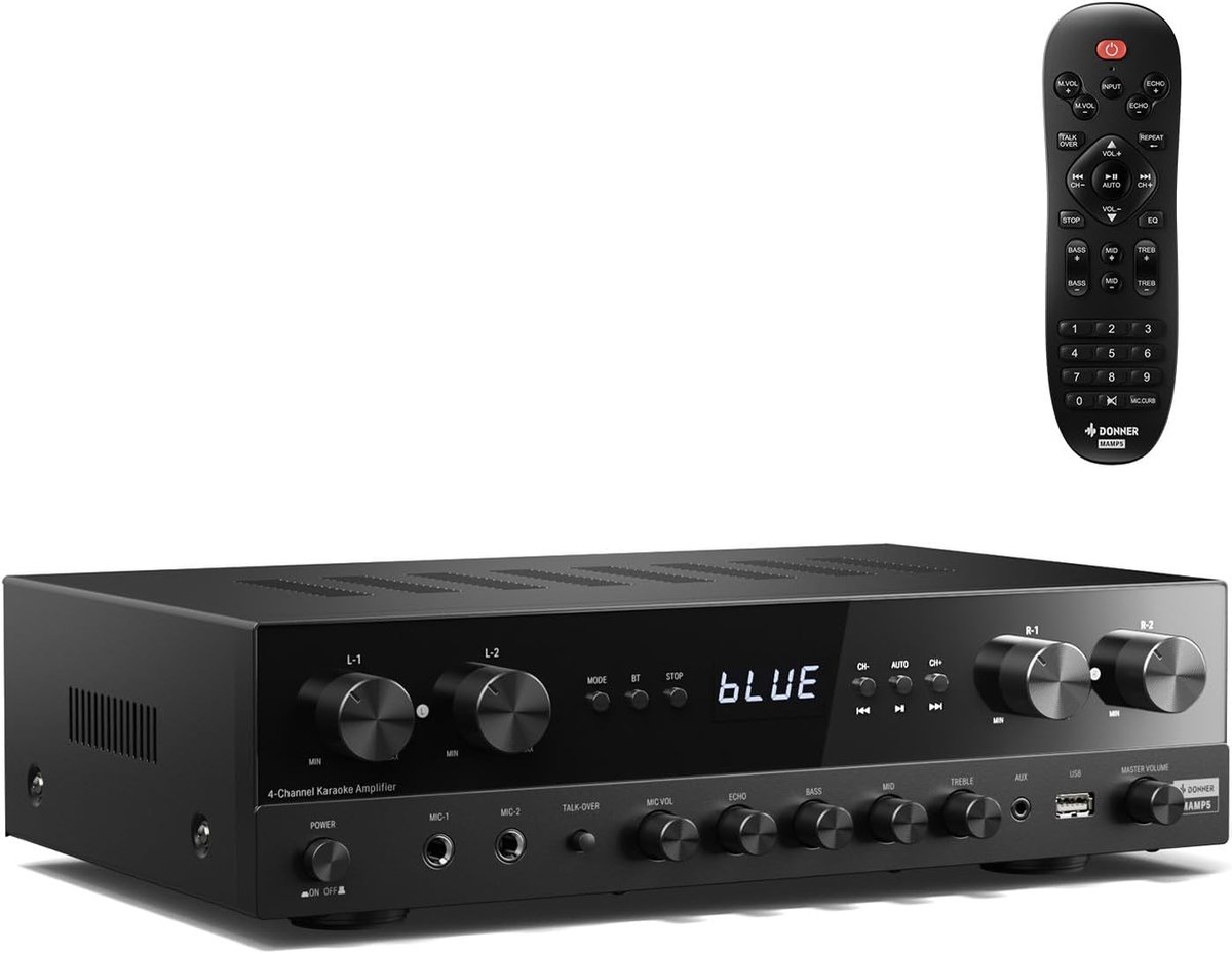 SnelShoppen - Premium 1000W Home Audio Amplifier met Bluetooth 5.0, 4 Kanaals Stereo Receiver, USB, FM, 2 Microfoon-ingangen, Echo en RCA voor Karaoke