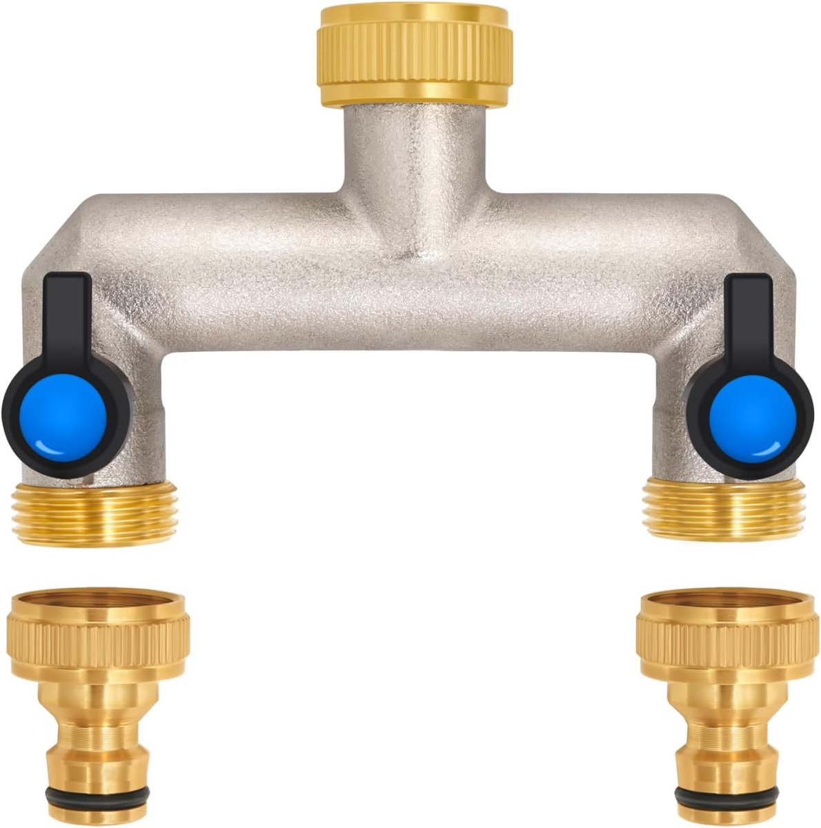 SnelShoppen - 2-Weg Messing Waterverdeler voor 2 Tuinslangen, 3/4 Inch Adapter met Kogelafsluiter voor Verstelbare Waterstroom, Duurzaam en Roestvrij
